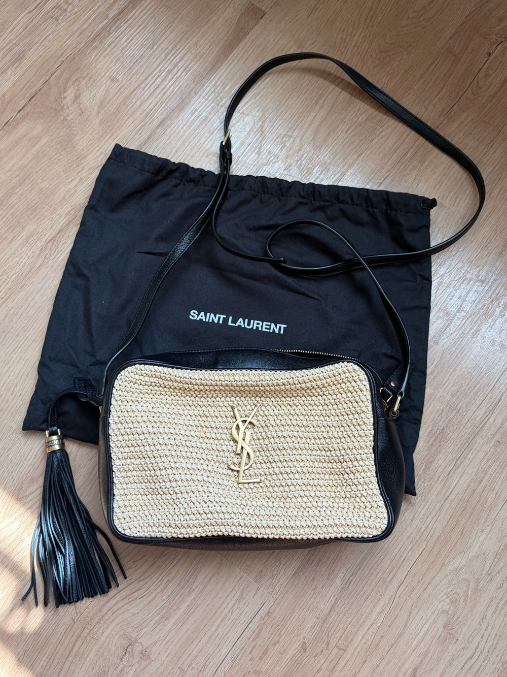 Saint Laurent Beige Raffia Crossbody with Black Leather Trim